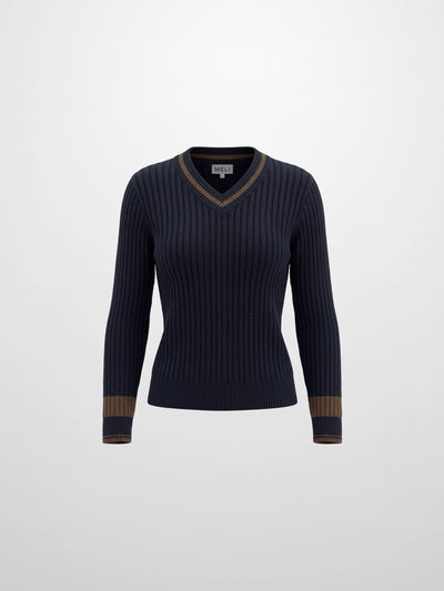 High V Waffle Sweater - Navy/Brown