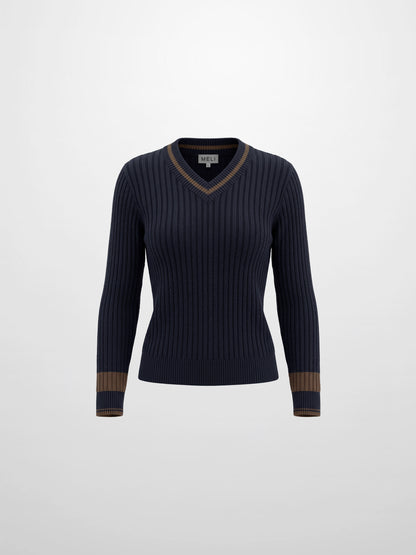 High V Waffle Sweater - Navy/Brown