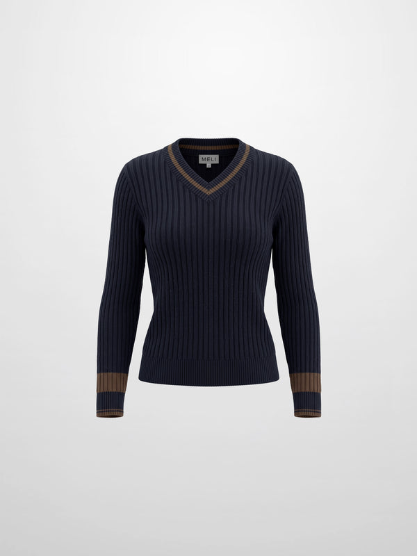 High V Waffle Sweater - Navy/Brown