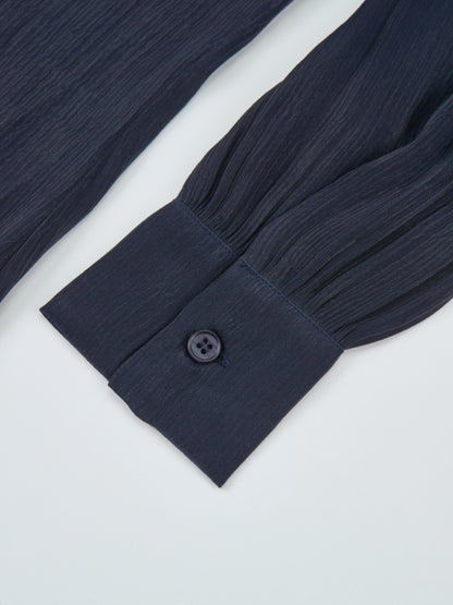 Textured Shimmer Center Bow Blouse - Navy