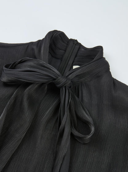 Textured Shimmer Center Bow Blouse - Black