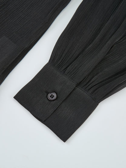 Textured Shimmer Center Bow Blouse - Black