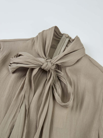 Textured Shimmer Center Bow Blouse - Grey