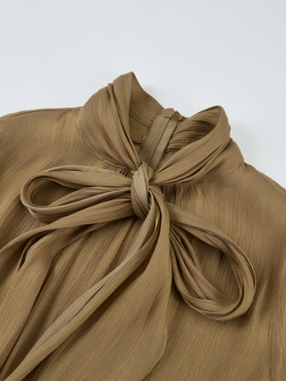 Textured Shimmer Center Bow Blouse - Bronze