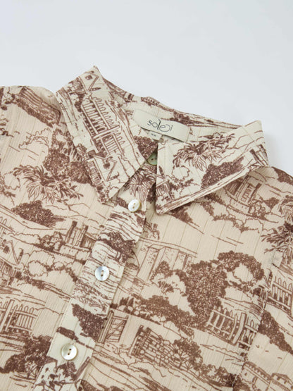 Thin Printed Button Down Blouse - Brown Toille