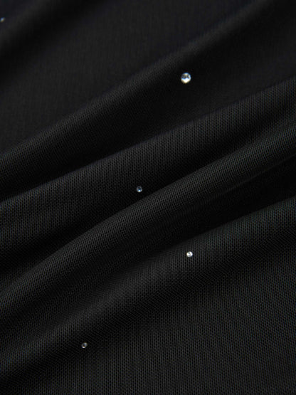 Rhinestone Embelished Mesh Turtleneck - Black