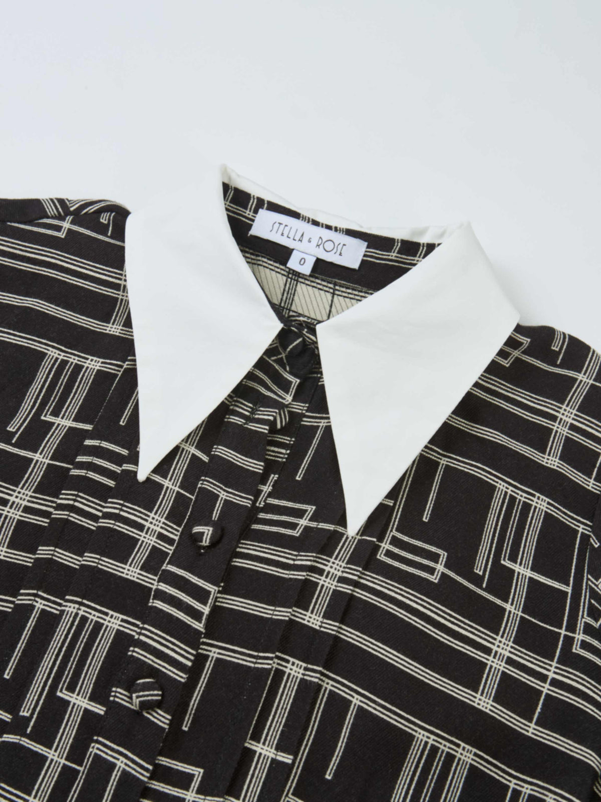 Collared Ruched Back Long Sleeve Shirtdress - Black Geometric