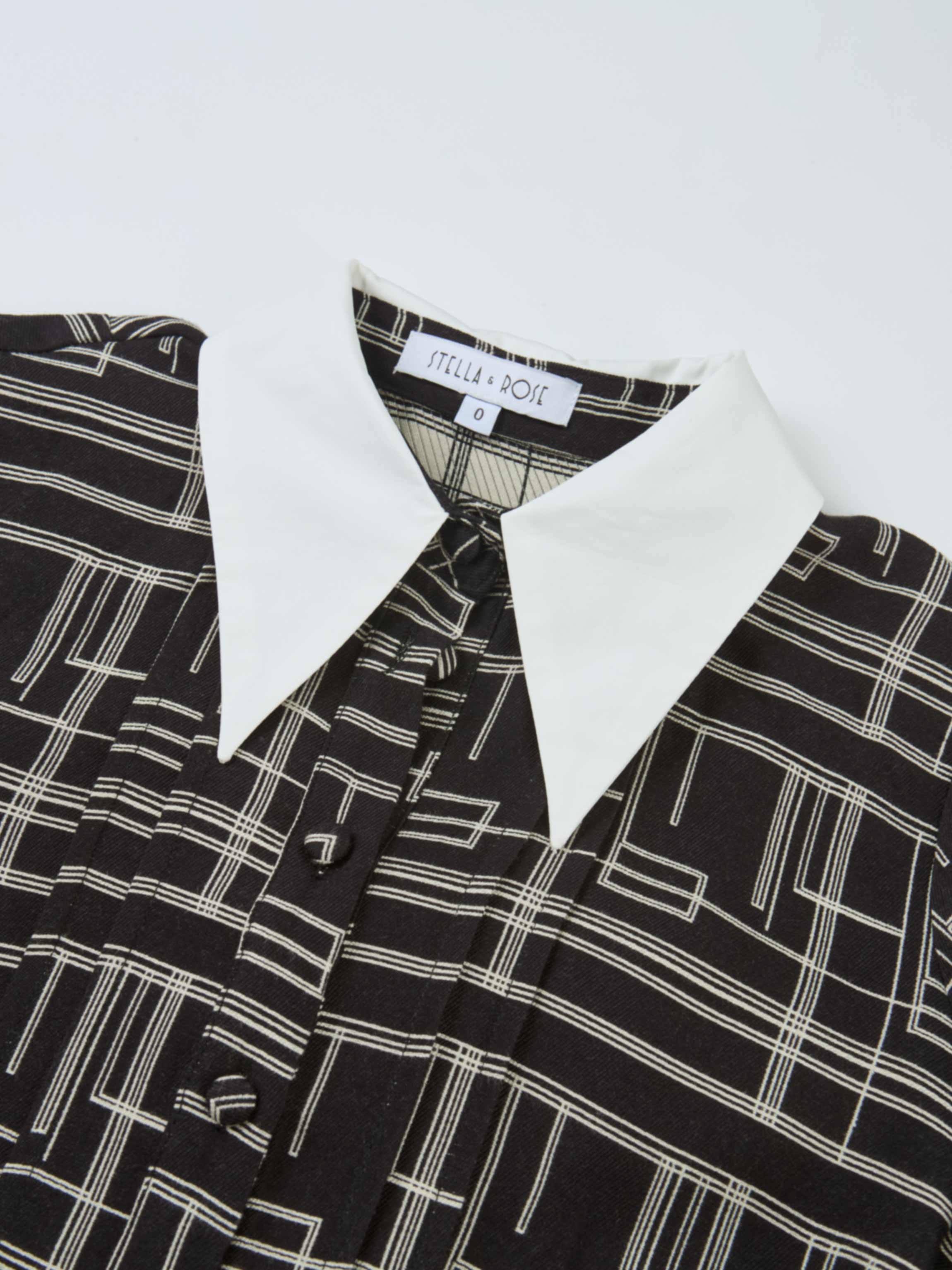 Collared Ruched Back Long Sleeve Shirtdress - Black Geometric