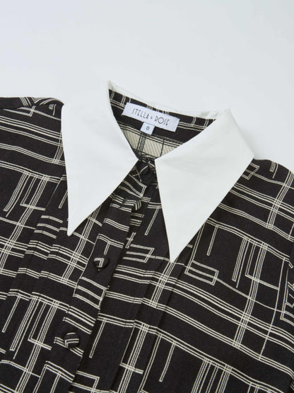 Collared Ruched Back Long Sleeve Shirtdress - Black Geometric
