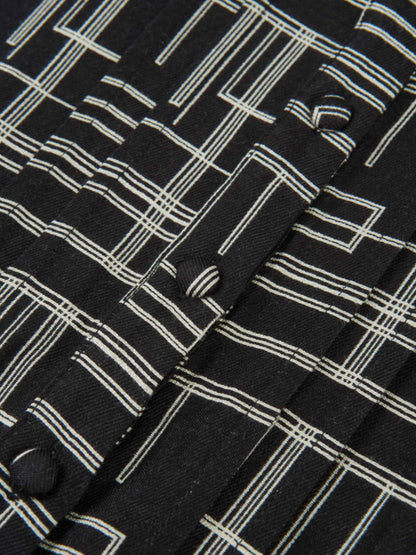 Collared Ruched Back Long Sleeve Shirtdress - Black Geometric