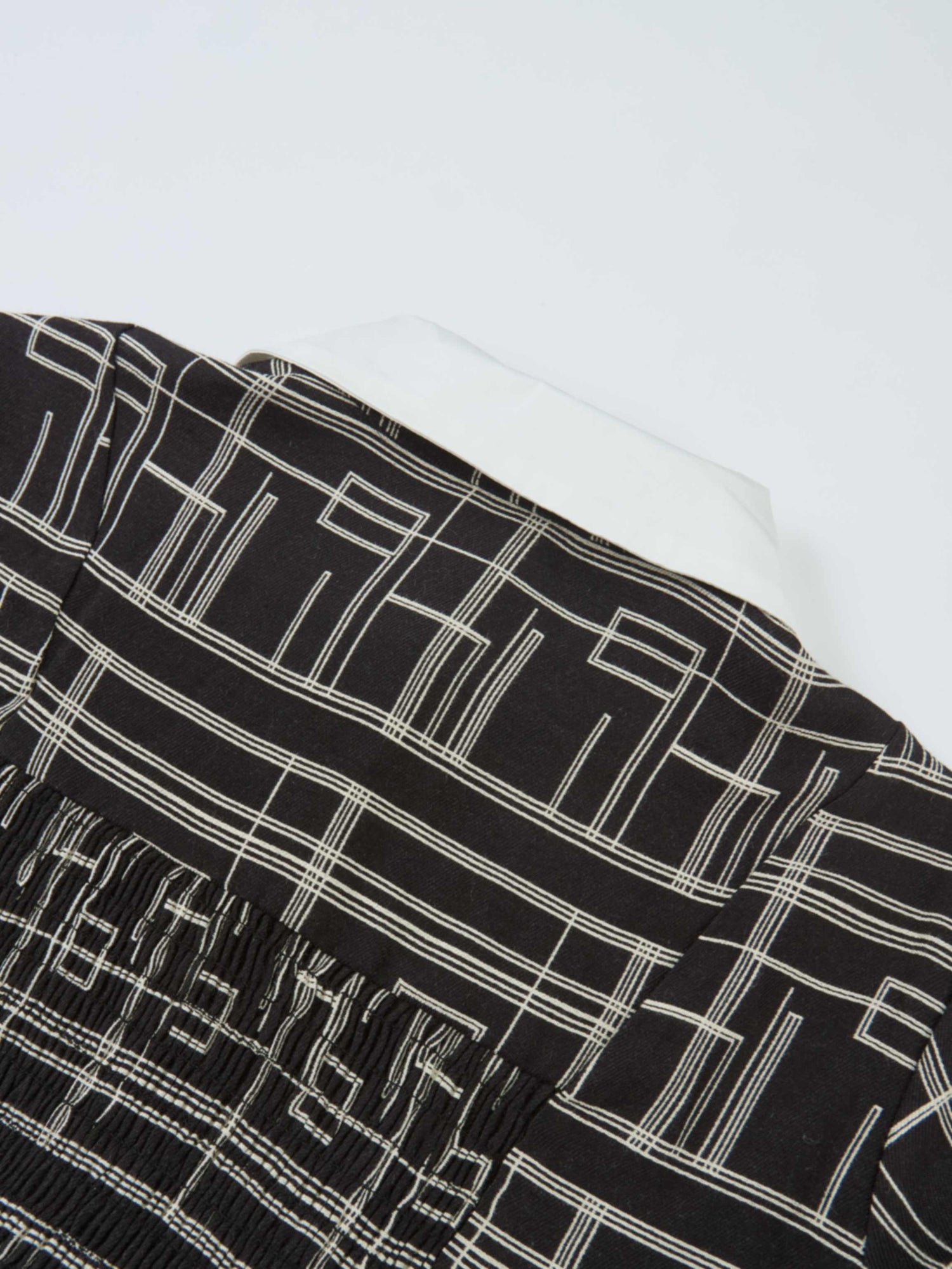 Collared Ruched Back Long Sleeve Shirtdress - Black Geometric