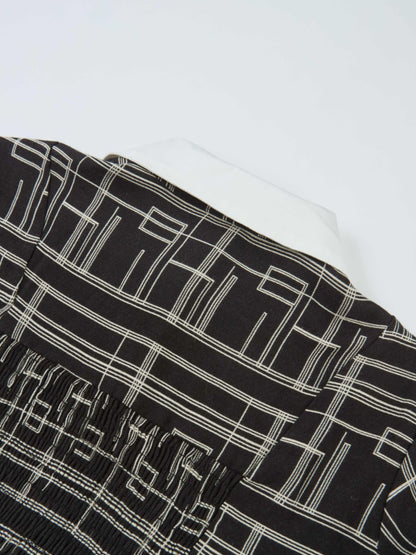 Collared Ruched Back Long Sleeve Shirtdress - Black Geometric
