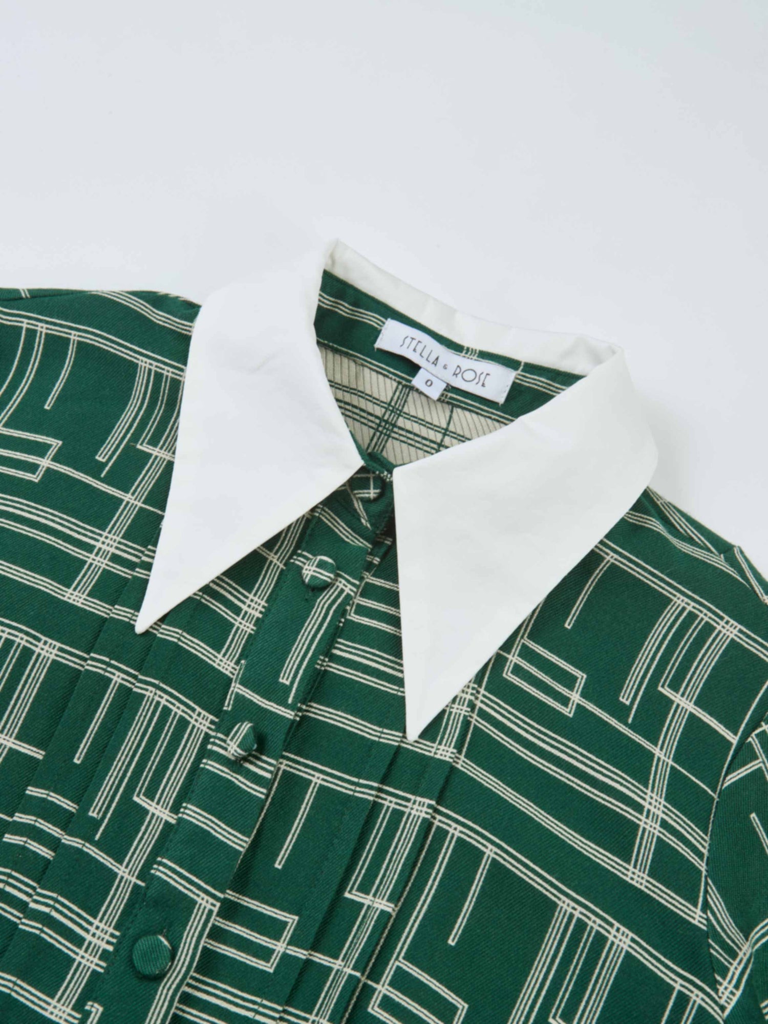 Collared Ruched Back Long Sleeve Shirtdress - Green Geometric