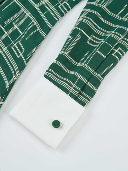 Collared Ruched Back Long Sleeve Shirtdress - Green Geometric