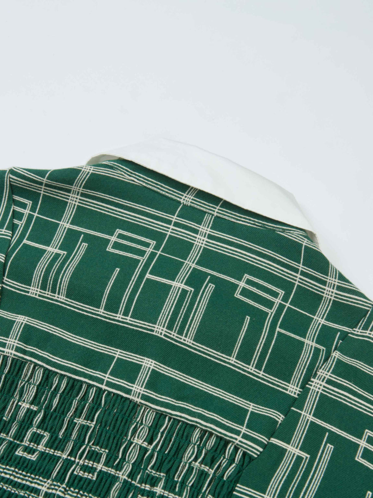 Collared Ruched Back Long Sleeve Shirtdress - Green Geometric