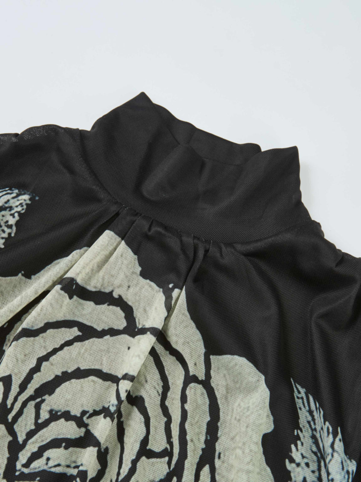 High Neck Mesh Printed Top - Cream Black Floral