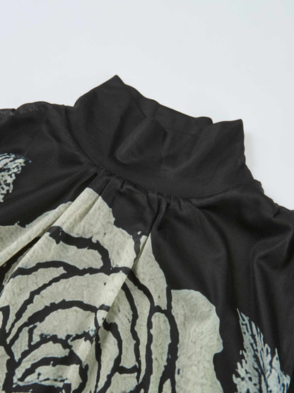 High Neck Mesh Printed Top - Cream Black Floral