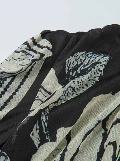 High Neck Mesh Printed Top - Cream Black Floral