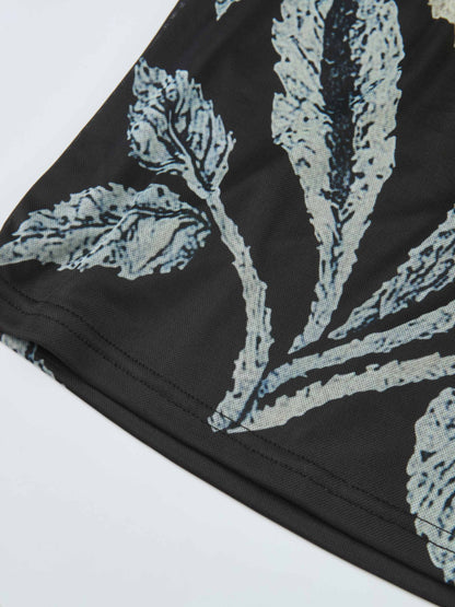 High Neck Mesh Printed Top - Cream Black Floral