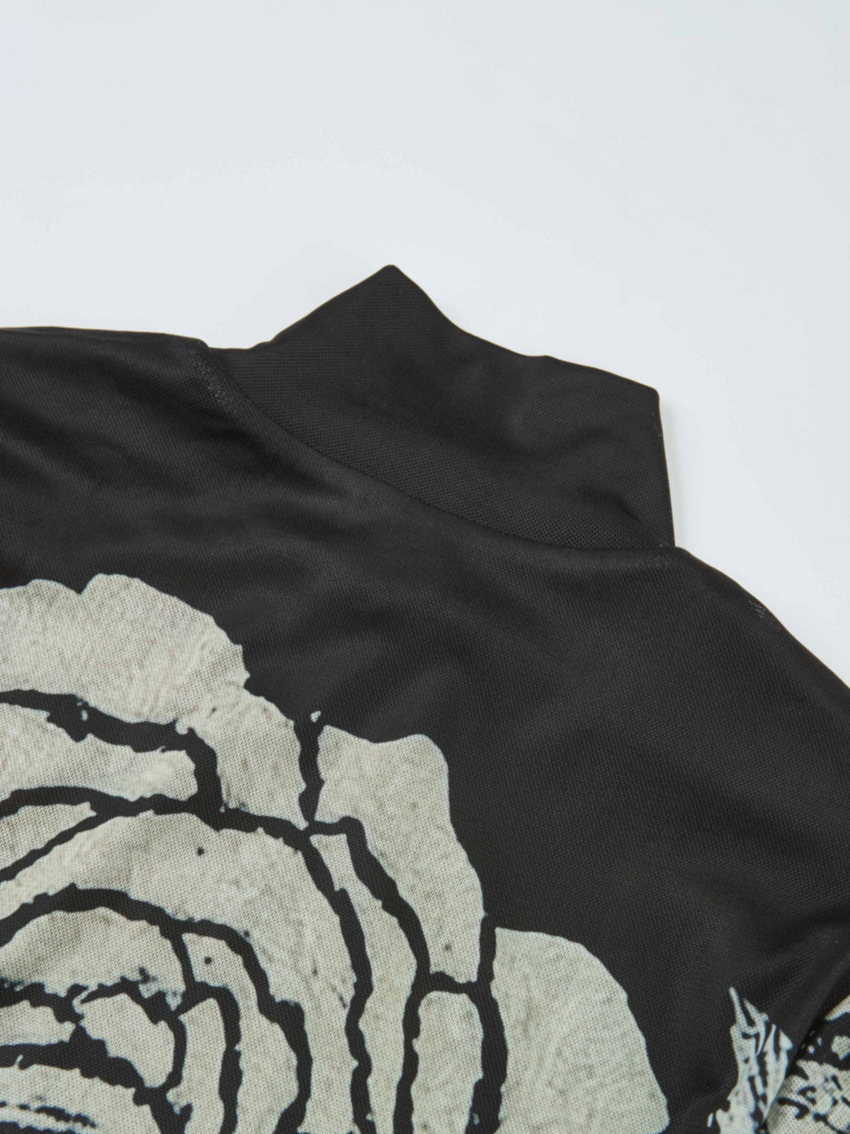 High Neck Mesh Printed Top - Cream Black Floral