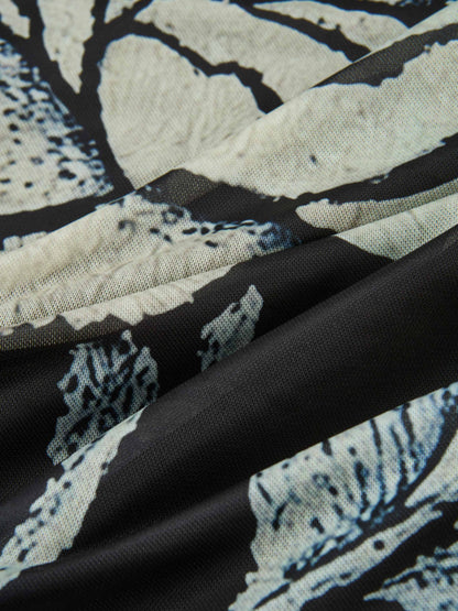 High Neck Mesh Printed Top - Cream Black Floral