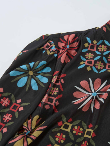 High Neck Mesh Printed Top - Color Geo Floral