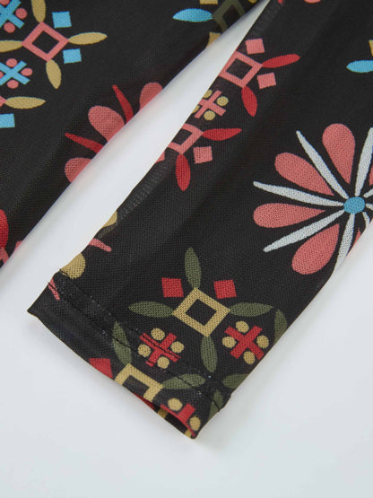High Neck Mesh Printed Top - Color Geo Floral