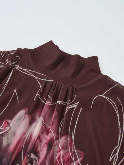 High Neck Mesh Printed Top - Burgundy Floral
