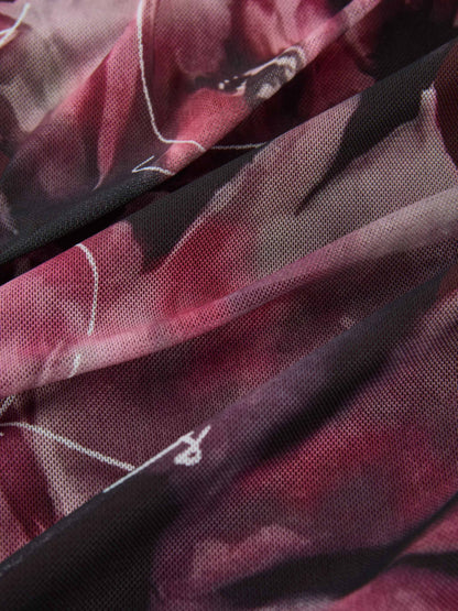 High Neck Mesh Printed Top - Burgundy Floral