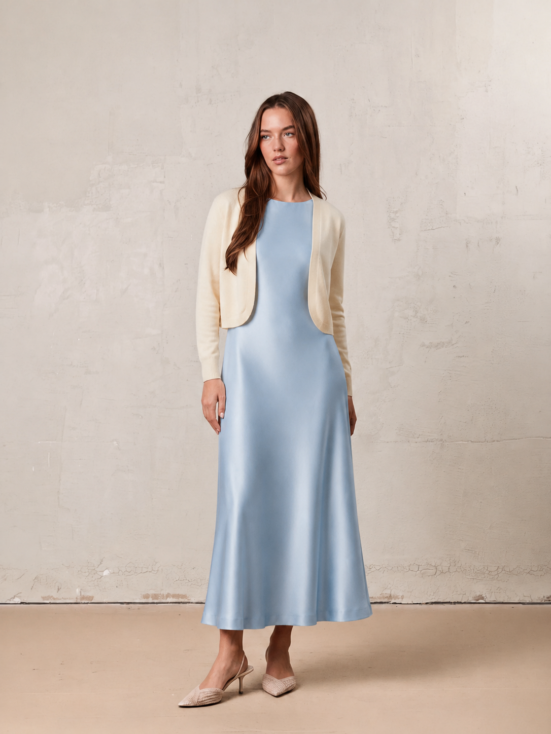 Faux Satin Crew Neck Slip Dress-Light Blue
