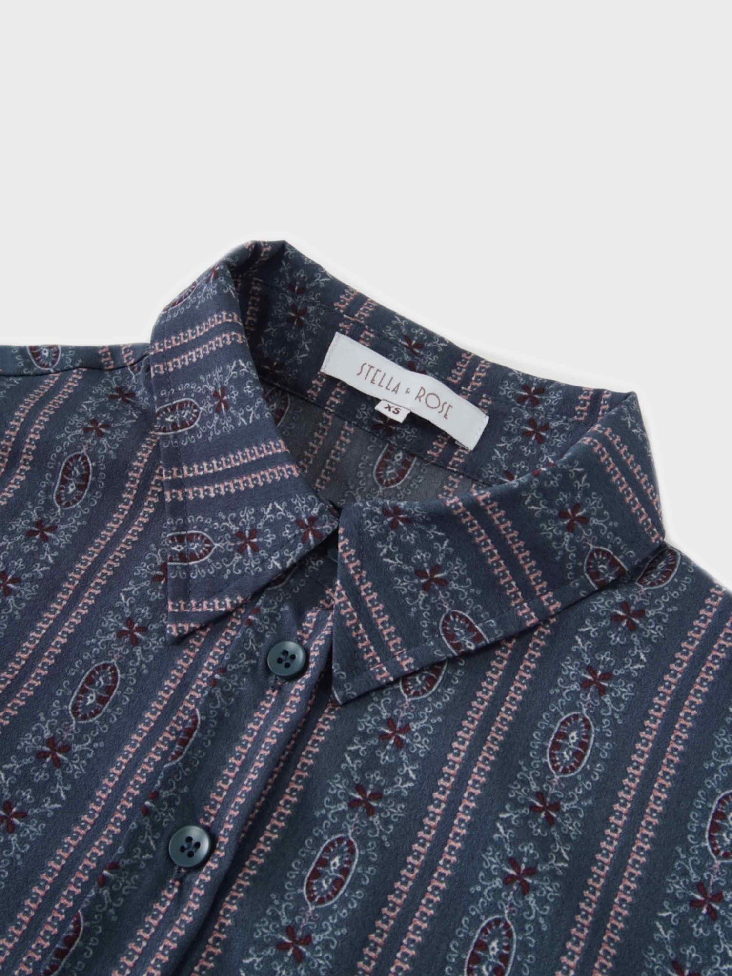 Button Down Flower Print Blouse-Blue Striped Medallion