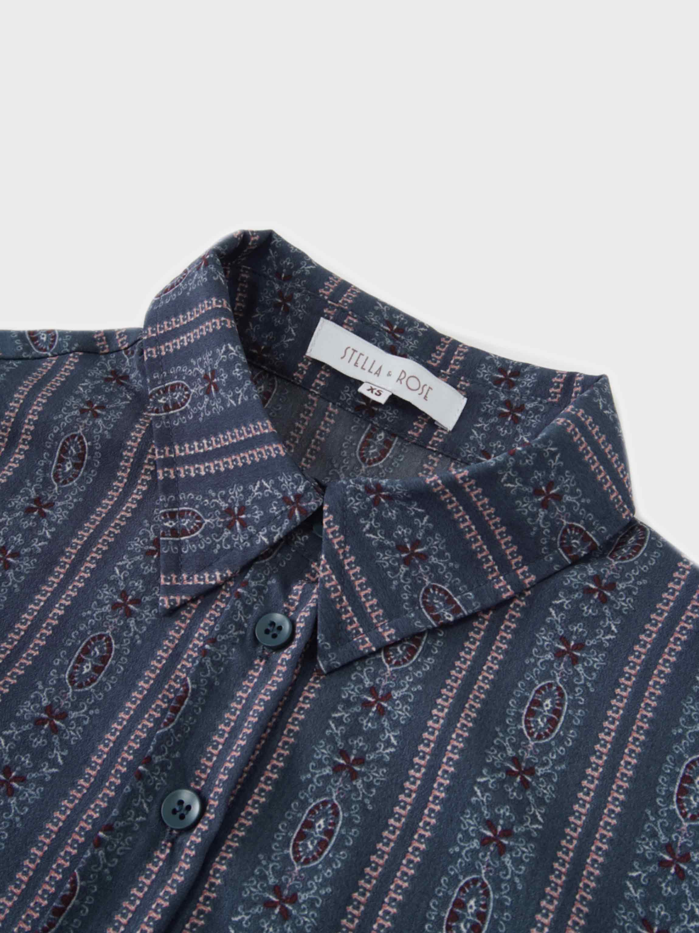 Button Down Flower Print Blouse-Blue Striped Medallion