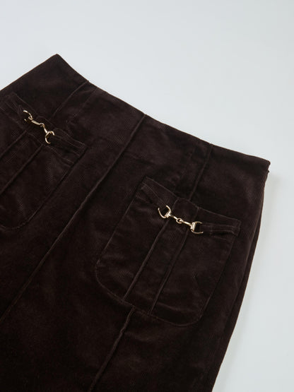 Chain Detail Corduroy Skirt - Brown