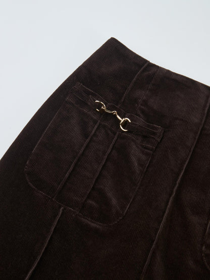 Chain Detail Corduroy Skirt - Brown