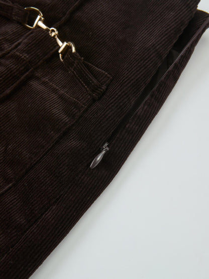 Chain Detail Corduroy Skirt - Brown