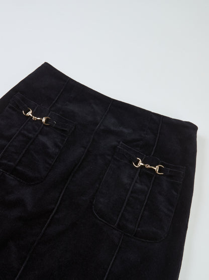 Chain Detail Corduroy Skirt - Navy