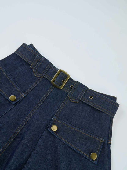 Belted Full Denim Skirt - Blue