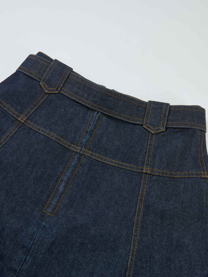 Belted Full Denim Skirt - Blue