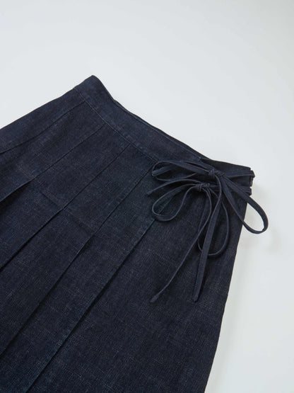 Faux Wrap Pleat Denim Skirt - Blue