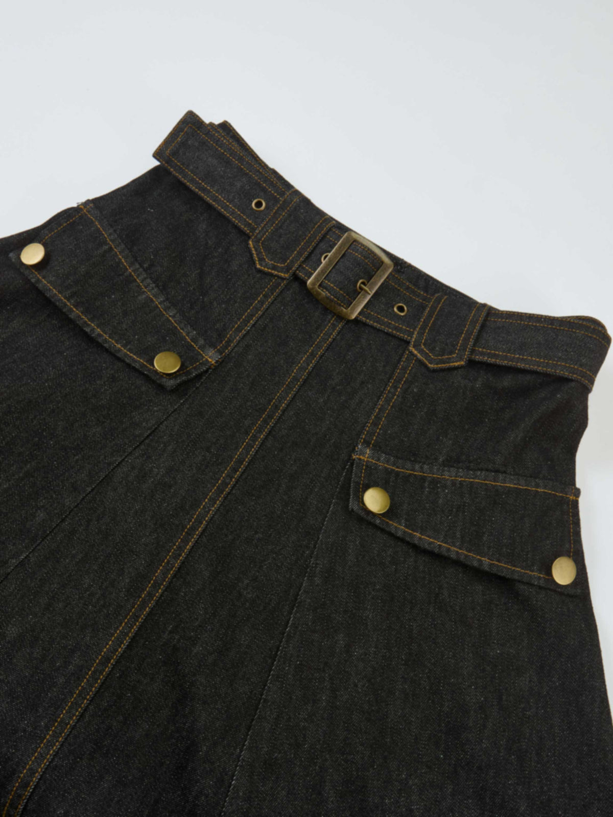 Belted Full Denim Skirt - Black