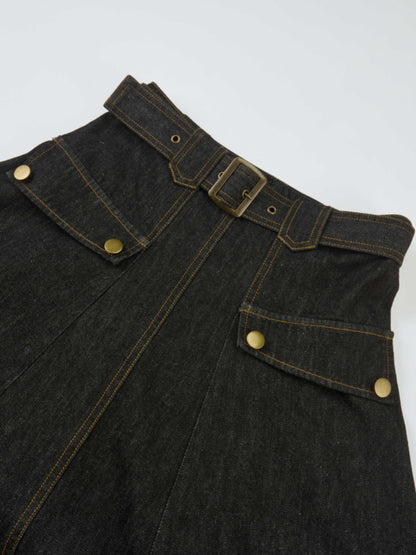 Belted Full Denim Skirt - Black
