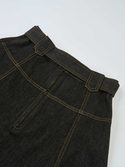 Belted Full Denim Skirt - Black