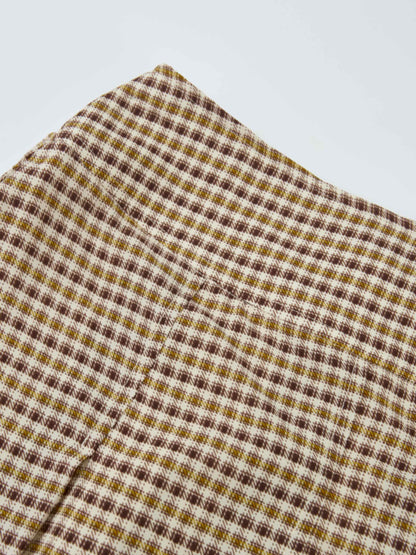 Plaid Stitch Down Pleat Skirt - Brown