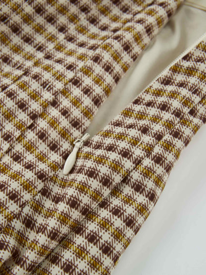 Plaid Stitch Down Pleat Skirt - Brown