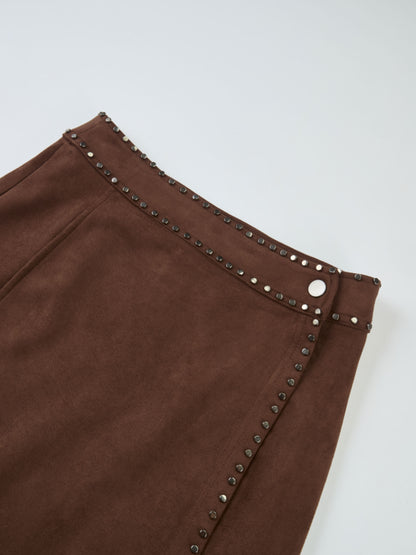 Faux Wrap Stud Skirt - Brown