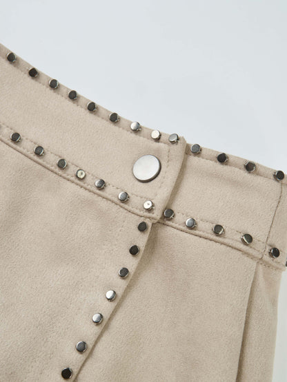Faux Wrap Stud Skirt - Oatmeal
