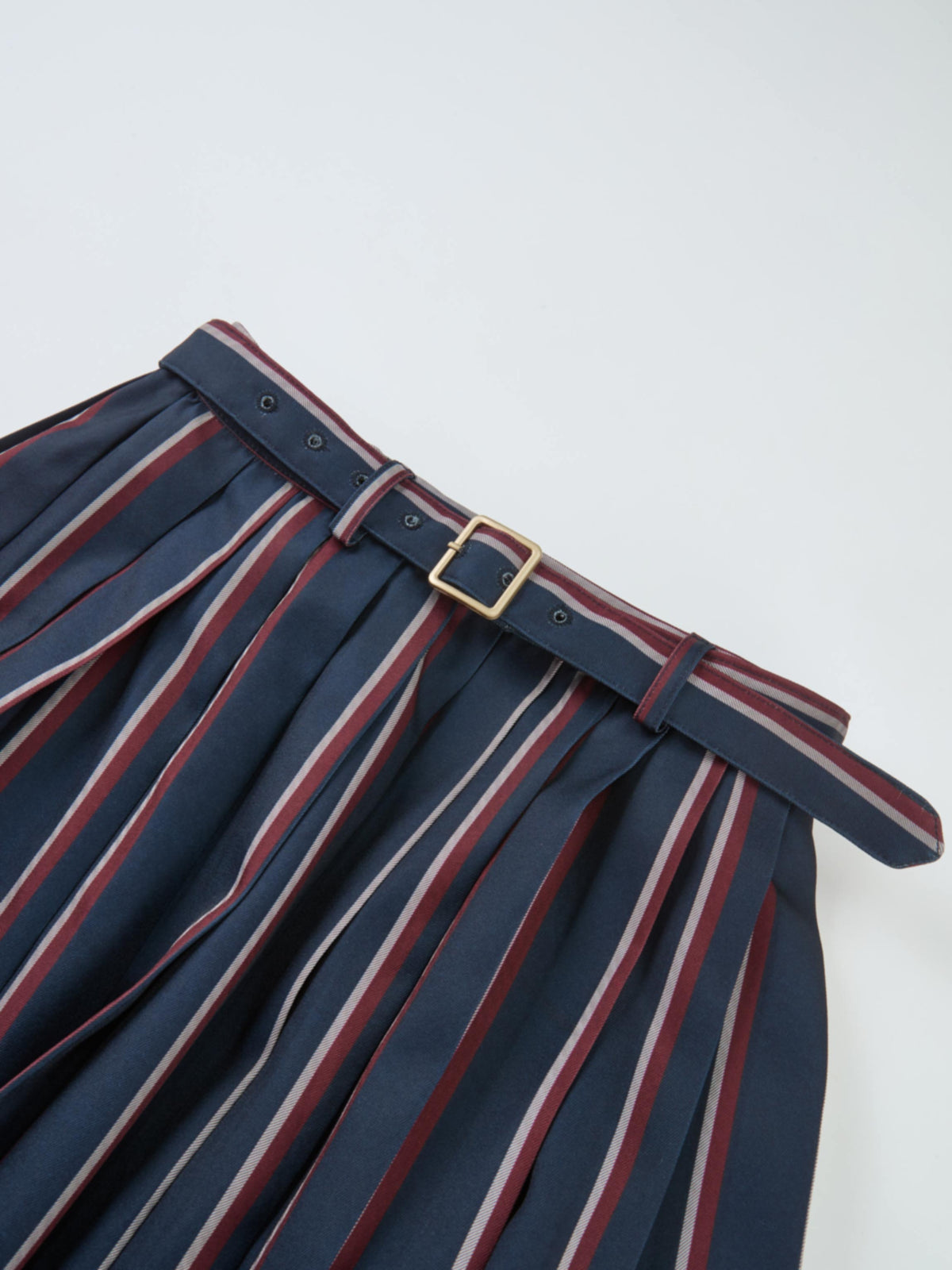 Pleated Waist Belted Skirt - Navy Stripe