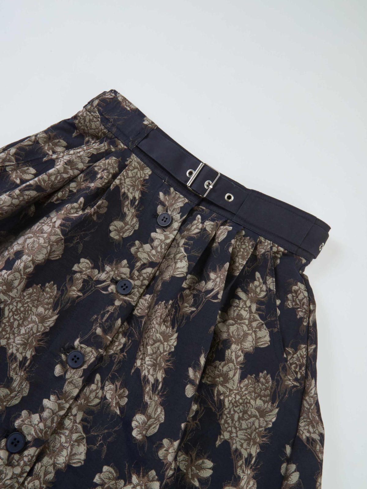 Brocade High Waist Belted Skirt - Navy Floral
