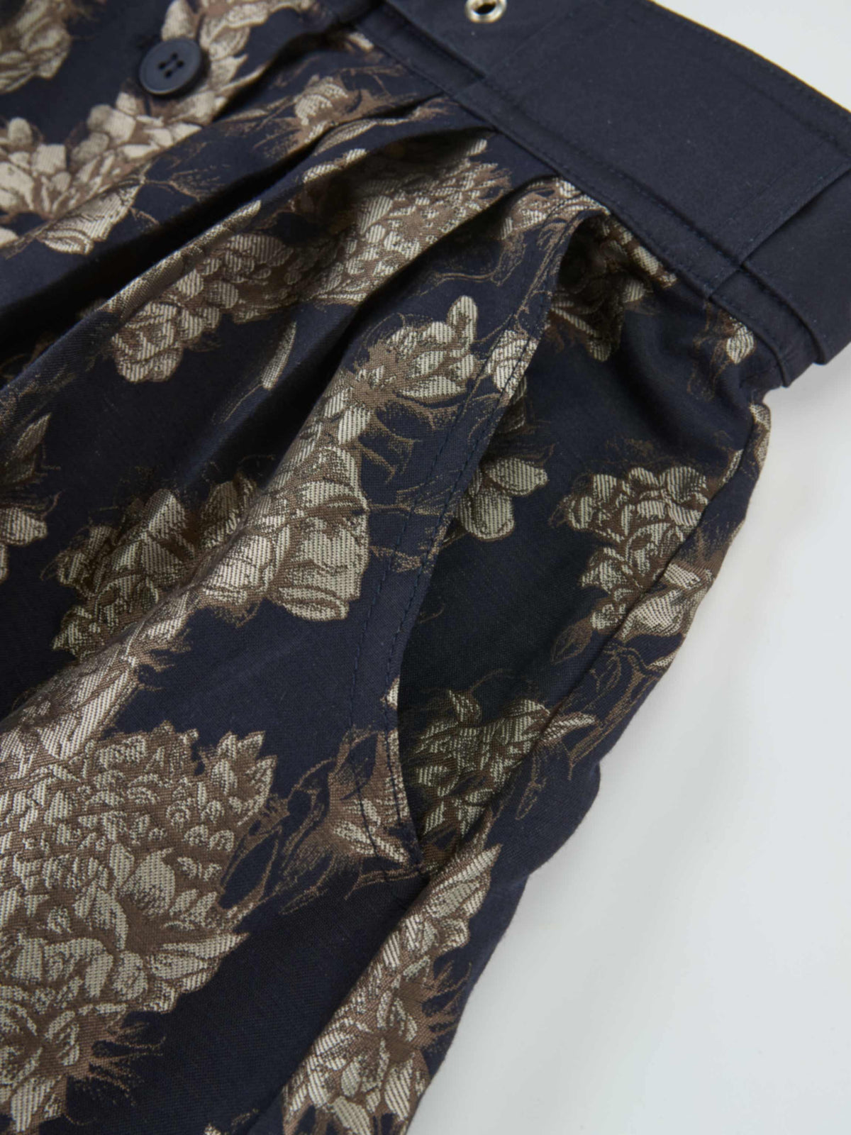 Brocade High Waist Belted Skirt - Navy Floral