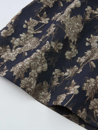 Brocade High Waist Belted Skirt - Navy Floral